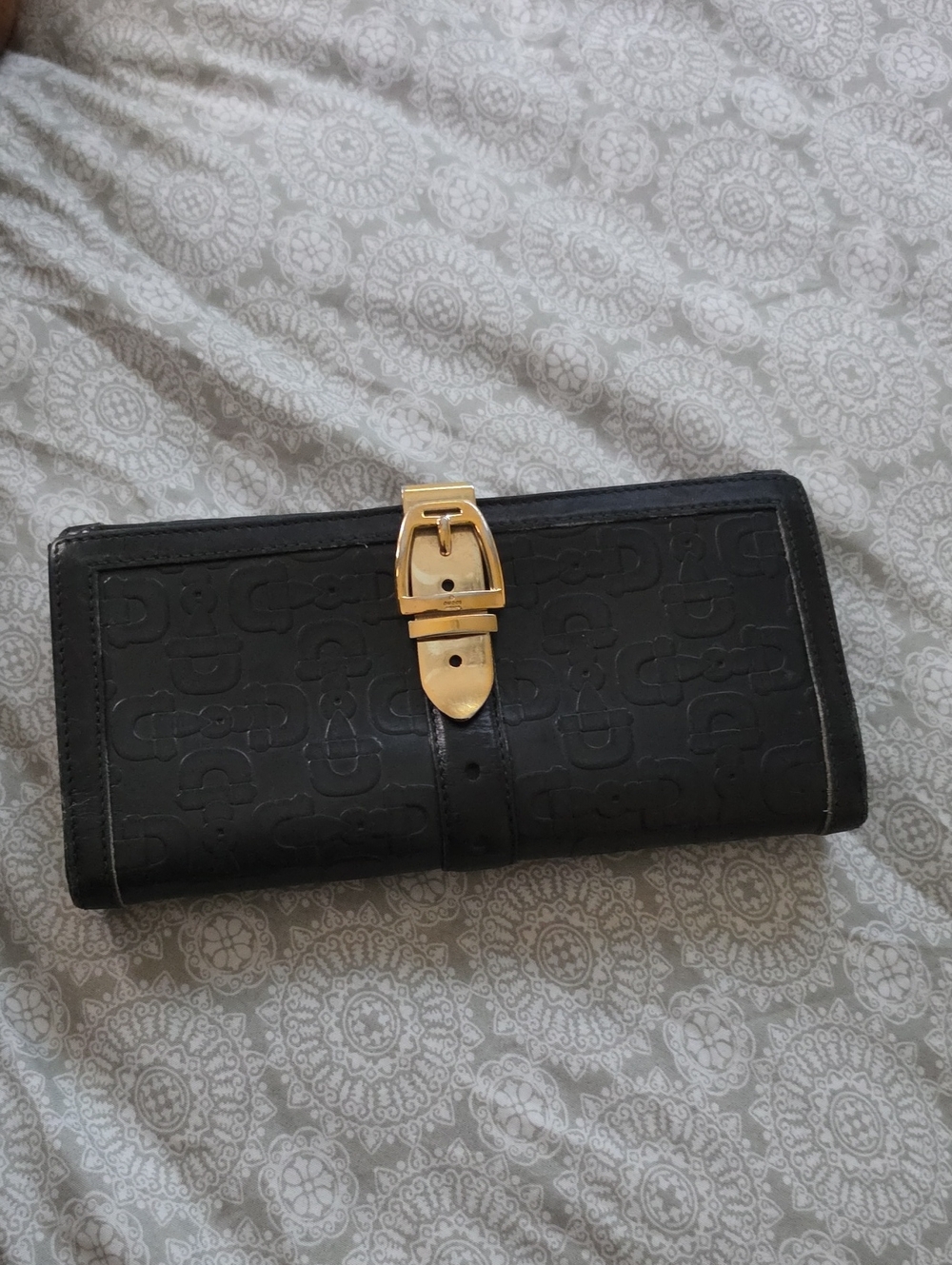 Gucci Black Embossed Leather Wallet with Gold Buckle